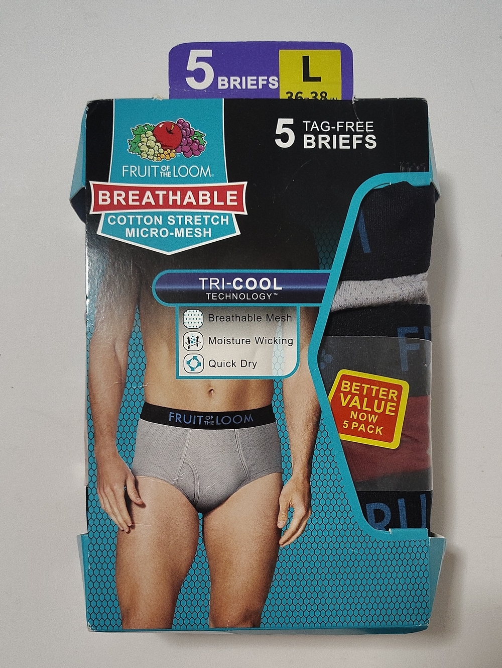 BREATHABLE  Fruit of the Loom Men's Briefs - 5 PACK - SIZE L 36-38